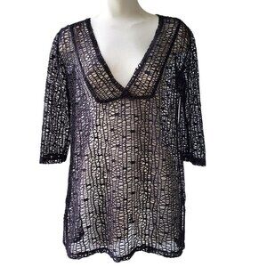 J Valdi Beachy Coverup 3/4 Sleeve Black Mesh V Neck Swim Pool Tunic Size XS
